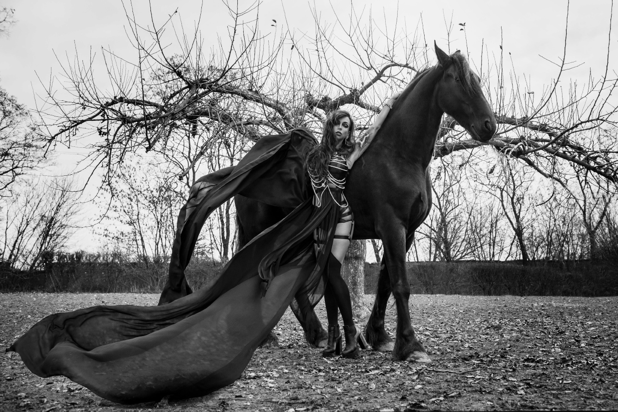 Gotycka sesja z koniem fryzyjskim dla Askasu
